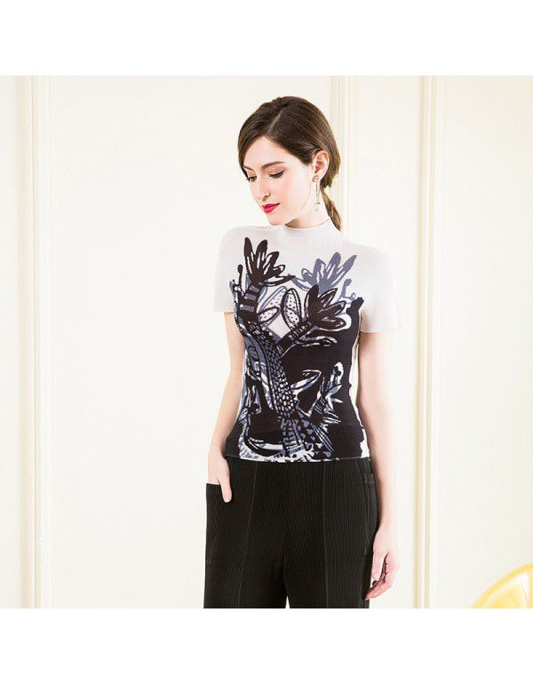 Three curtilage pleated top high neck T-shirt women's short sleeve summer new slimming and versatile bottom shirt for women's wear 