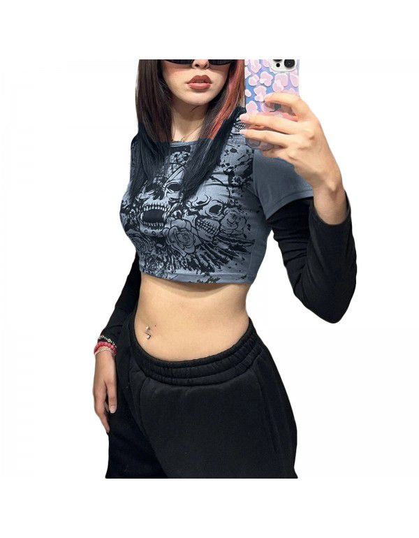 Women's tight-fitting long-sleeved T-shirt fake 2 pieces of street hip-hop sports casual bottoms 