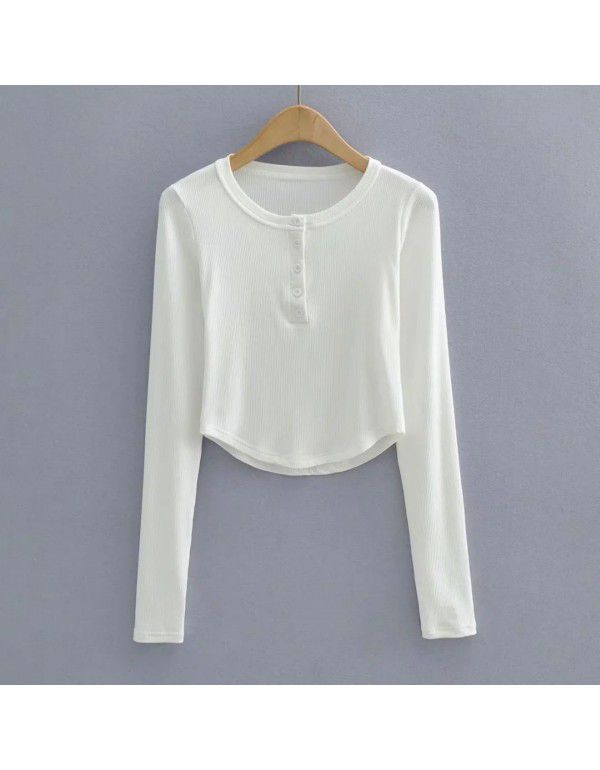 Summer Euro American Style Round Neck Half Open Button Curved Edge Slim Fit Short Top Round Neck Slim Fit Women's T-Shirt
