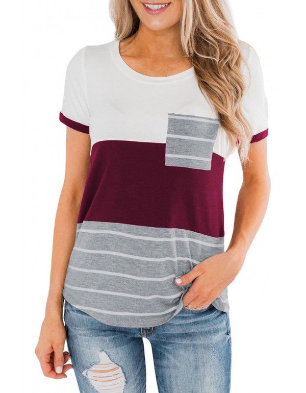 Spring and Summer New European and American Women's Top Popular Pocket Tri-color Panel Short Sleeve Stripe T-shirt Women