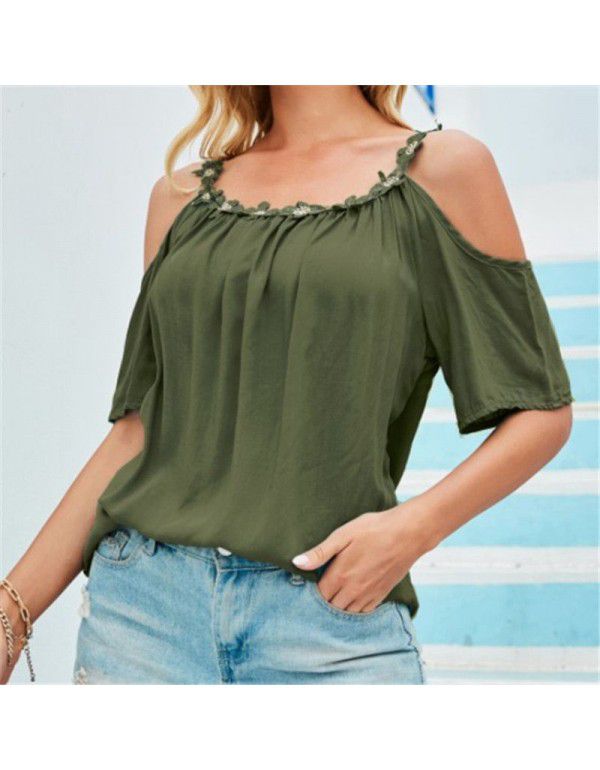 Summer Top Lace Round Neck Off Shoulder Solid T-Shirt Women