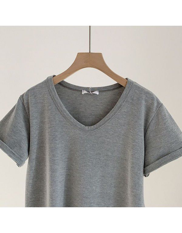 Spring New Style Korean Morandi Solid Color Versatile Short Sleeve T-shirt Women 