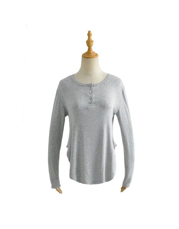 Summer new women's curved hem access control three-button round neck long sleeve loose casual long T-shirt top 