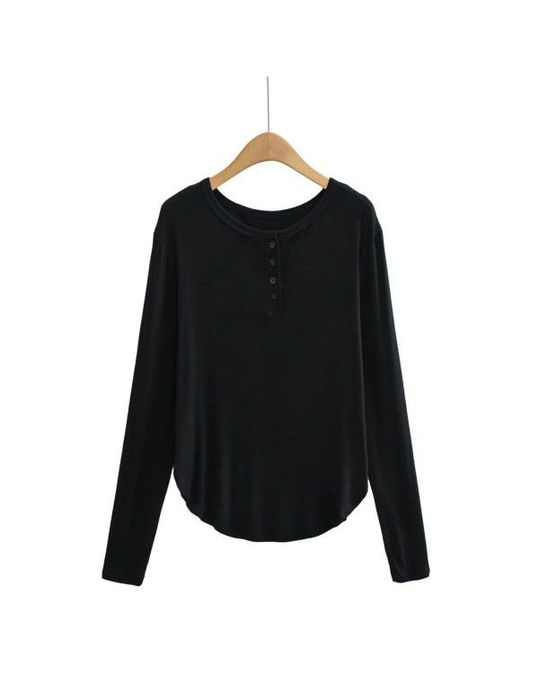 Summer new women's curved hem access control three-button round neck long sleeve loose casual long T-shirt top 