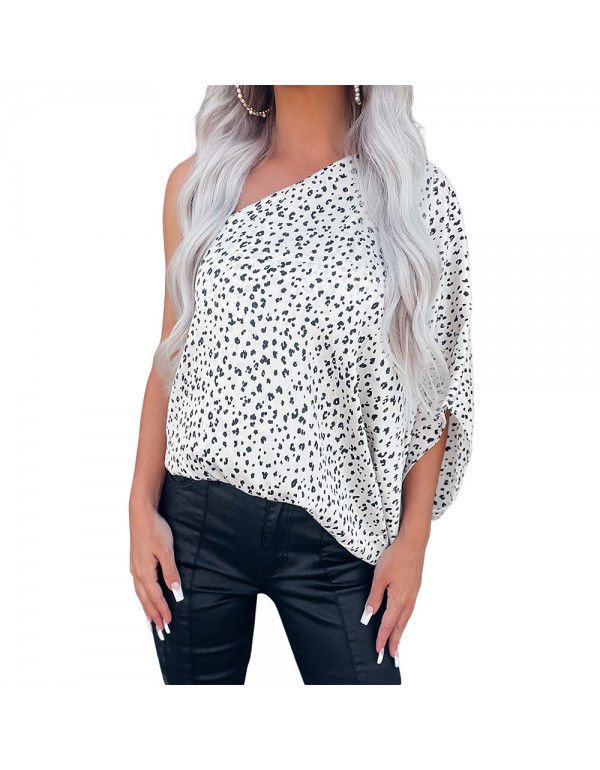 White leopard asymmetric one-shoulder chiffon shirt Women's Amazon cross-border fashion versatile top 25118532 