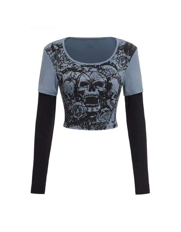 Women's tight-fitting long-sleeved T-shirt fake 2 pieces of street hip-hop sports casual bottoms 
