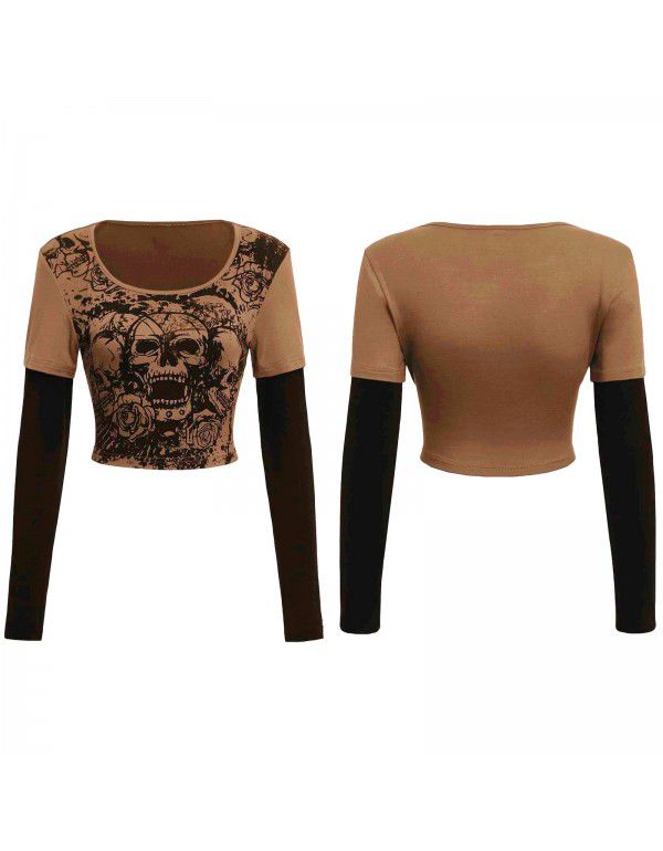 Women's tight-fitting long-sleeved T-shirt fake 2 pieces of street hip-hop sports casual bottoms 