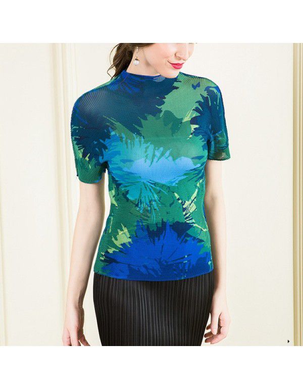 Three curtilage pleated top high neck T-shirt women's short sleeve summer new slimming and versatile bottom shirt for women's wear 