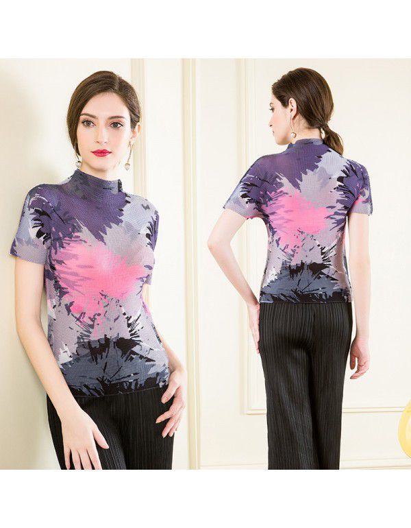 Three curtilage pleated top high neck T-shirt women's short sleeve summer new slimming and versatile bottom shirt for women's wear 