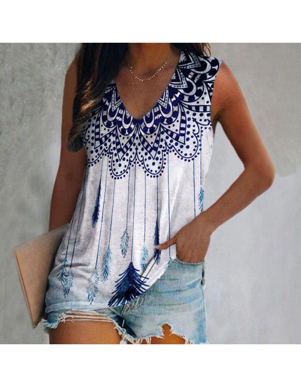 Summer New Vintage Ethnic Style European and American Women's Casual Sleeveless T-shirt