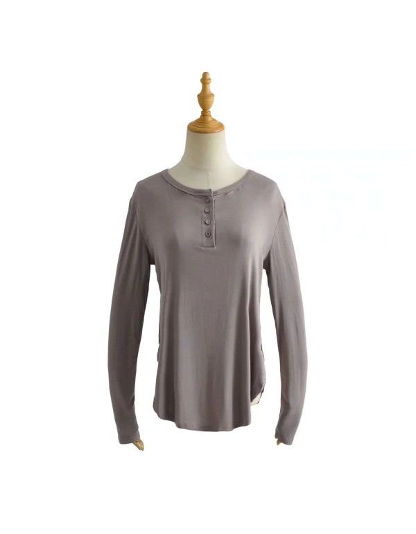 Summer new women's curved hem access control three-button round neck long sleeve loose casual long T-shirt top 
