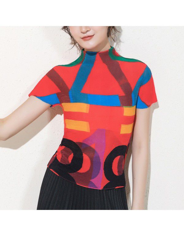 Three curtilage pleated top high neck T-shirt women's short sleeve summer new slimming and versatile bottom shirt for women's wear 