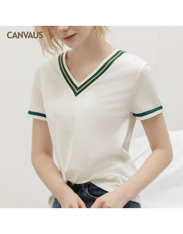 Summer New Cotton V-Neck Ribbon Loose European and American Temperament Short Sleeve T-shirt Women's Top 