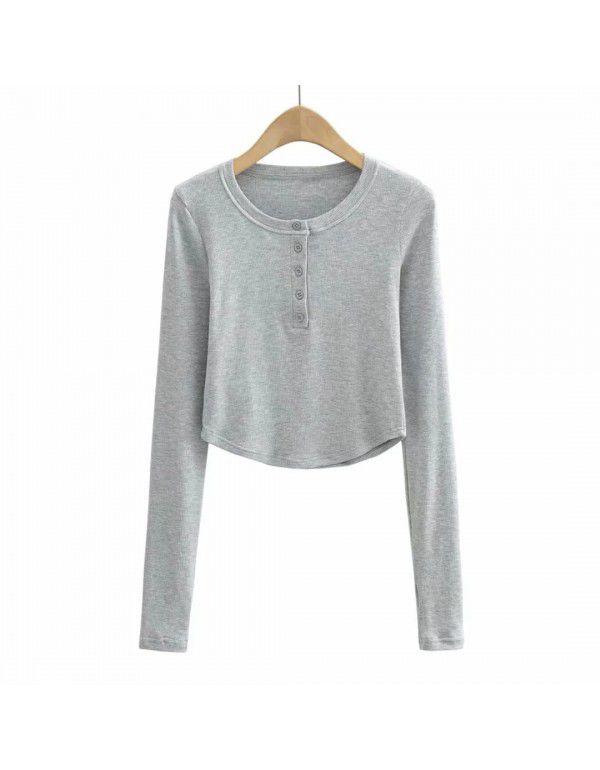 Summer Euro American Style Round Neck Half Open Button Curved Edge Slim Fit Short Top Round Neck Slim Fit Women's T-Shirt