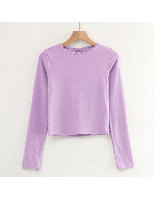 Long sleeve T-shirt sexy water drop large open back fashion women's autumn and winter solid color round neck short slim top 