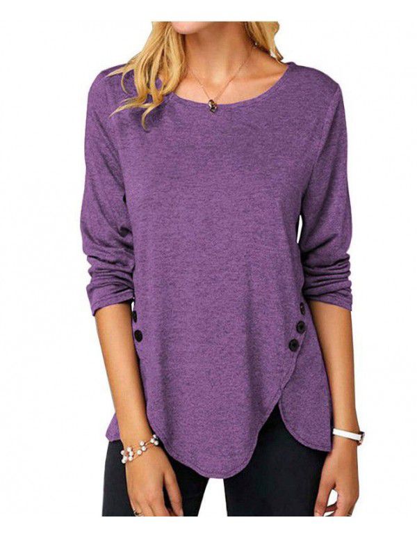 Spring/Summer Hot Style Irregular Button Hem Long Sleeve Crew Neck T-shirt