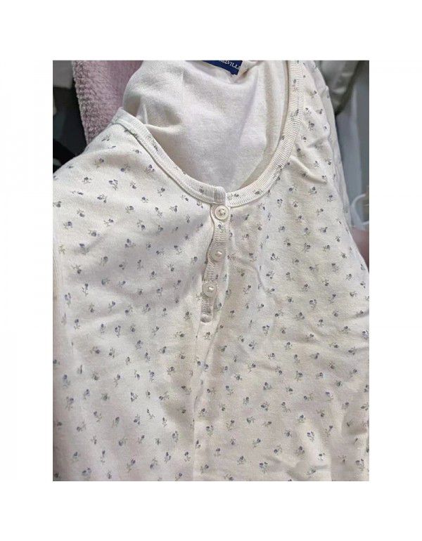 New small fresh floral top three-button short-sleeved round-neck T-shirt for women 