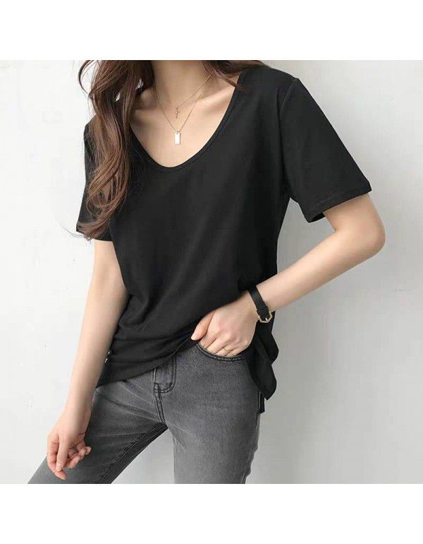 Large neckline, short sleeve, solid color t-shirt, women's loose, u-neck, heart machine, collarbone, thin, sexy, white minority top, women's fashion 