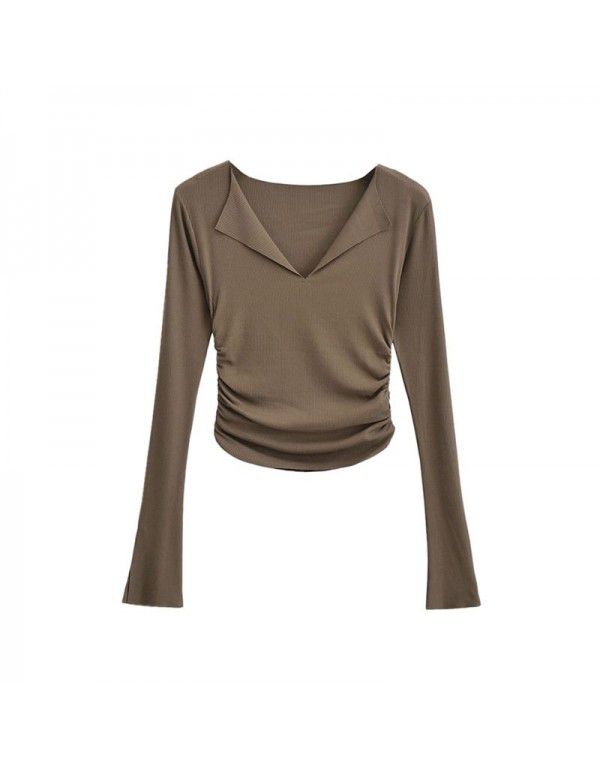 Pure desire V-neck flanging flared sleeve T-shirt for female minority Spicy girls pleated slim high waist short solid color bottom top 
