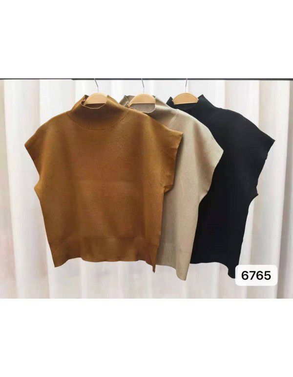 Korean version of the new half high neck camisole knitted vest T-shirt for women's simple loose short sleeve top summer