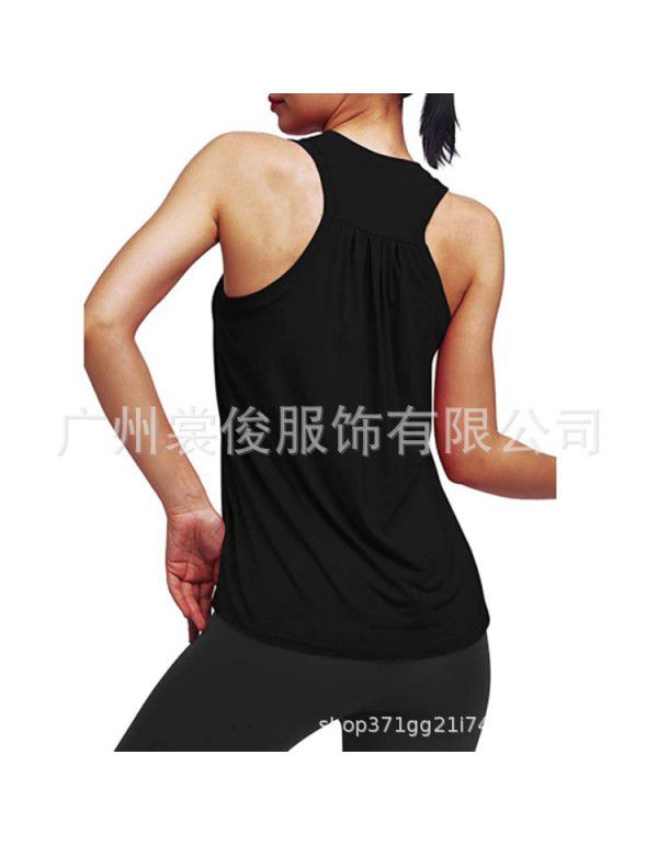 Summer New Women's Wear European and American Yoga Sports Tank Top Women's Fitness Pleated Top Sports T-shirt