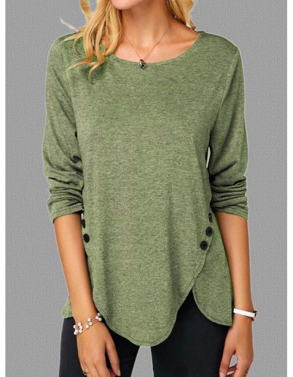 Spring/Summer Hot Style Irregular Button Hem Long Sleeve Crew Neck T-shirt