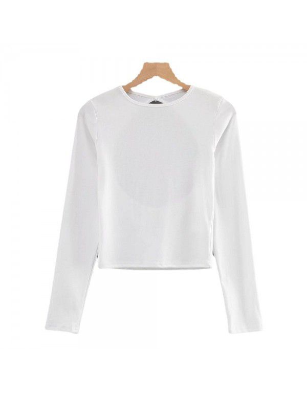 Long sleeve T-shirt sexy water drop large open back fashion women's autumn and winter solid color round neck short slim top 