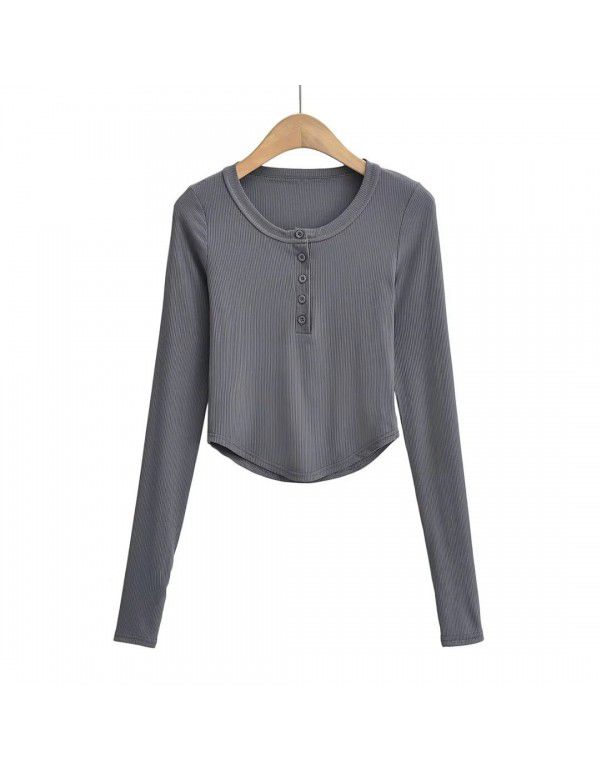 Summer Euro American Style Round Neck Half Open Button Curved Edge Slim Fit Short Top Round Neck Slim Fit Women's T-Shirt
