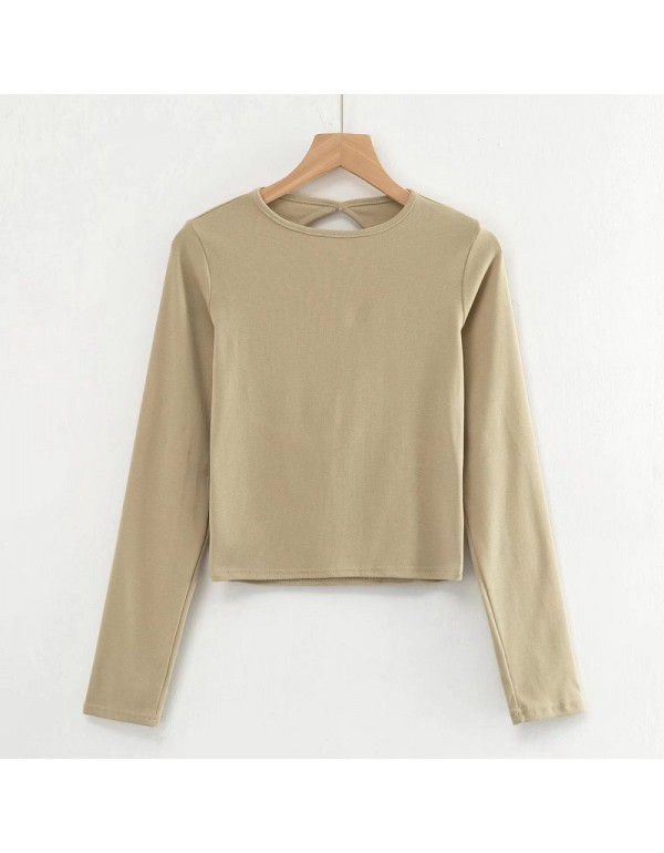 Long sleeve T-shirt sexy water drop large open back fashion women's autumn and winter solid color round neck short slim top 