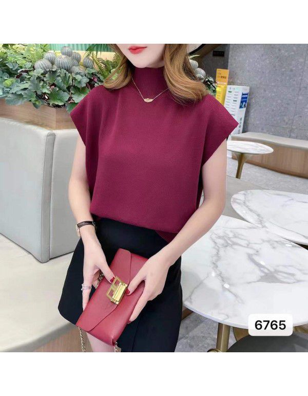Korean version of the new half high neck camisole knitted vest T-shirt for women's simple loose short sleeve top summer