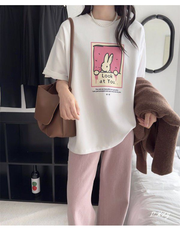 Fashion winter new women's Korean casual matte thickened T-shirt cartoon print pullover round neck 