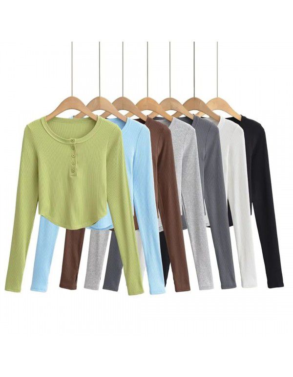 Summer Euro American Style Round Neck Half Open Button Curved Edge Slim Fit Short Top Round Neck Slim Fit Women's T-Shirt