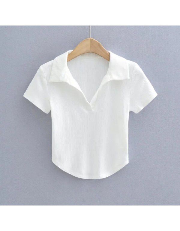 Summer new style pure sexy slim short polo lapel solid color short sleeve T-shirt female 