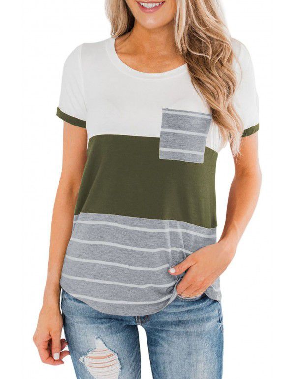 Spring and Summer New European and American Women's Top Popular Pocket Tri-color Panel Short Sleeve Stripe T-shirt Women