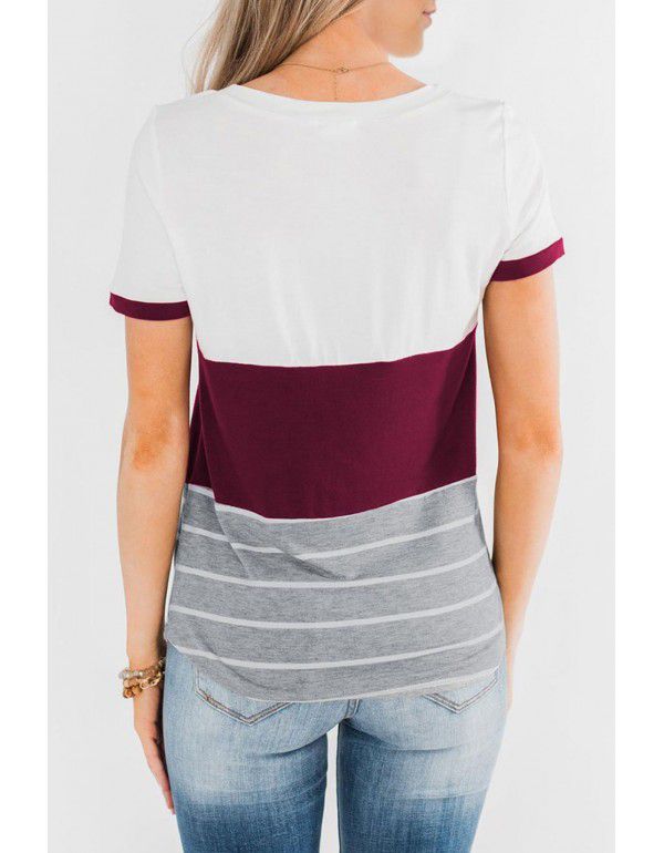 Spring and Summer New European and American Women's Top Popular Pocket Tri-color Panel Short Sleeve Stripe T-shirt Women