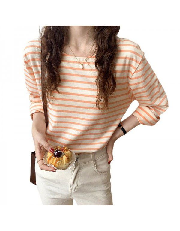 Long-sleeved striped t-shirt women's cotton loose autumn new style Korean T-shirt bottom coat women 