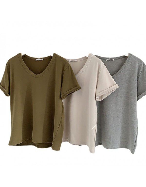 Spring New Style Korean Morandi Solid Color Versatile Short Sleeve T-shirt Women 