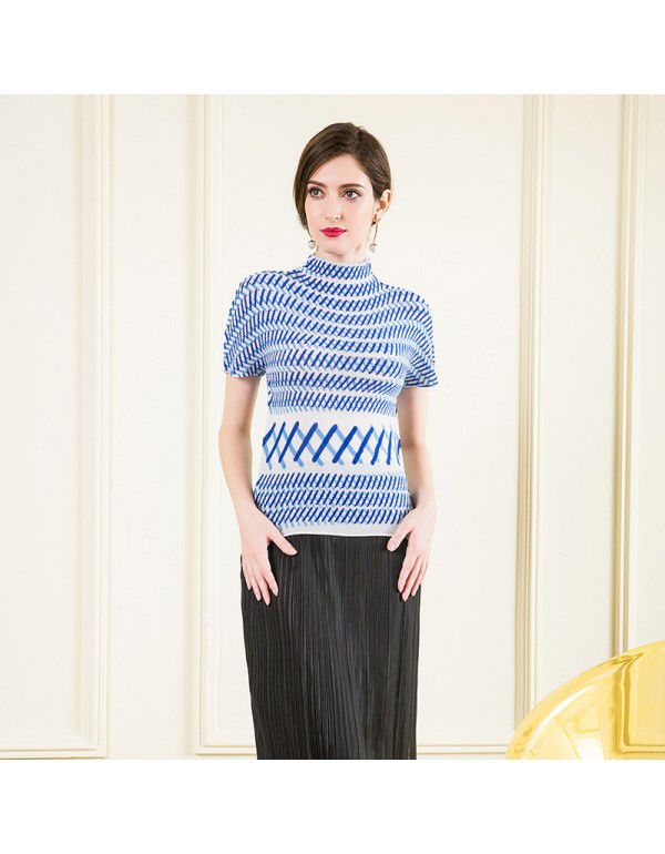 Three curtilage pleated top high neck T-shirt women's short sleeve summer new slimming and versatile bottom shirt for women's wear 