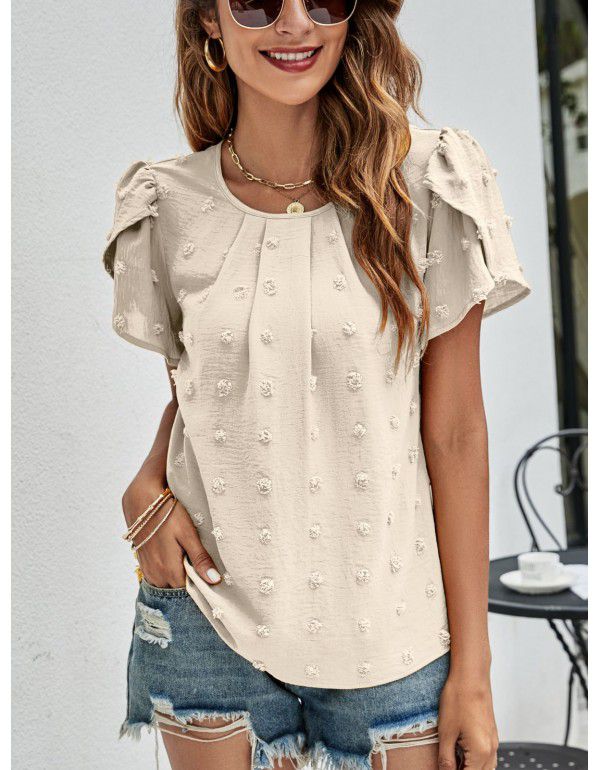 Summer New Round Neck Casual Tulip Sleeve T-shirt Jacquard Top Women