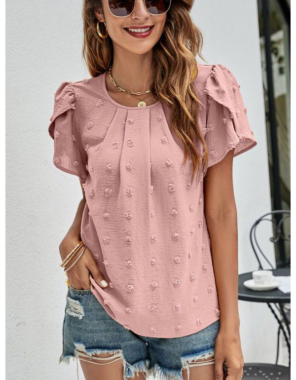 Summer New Round Neck Casual Tulip Sleeve T-shirt Jacquard Top Women
