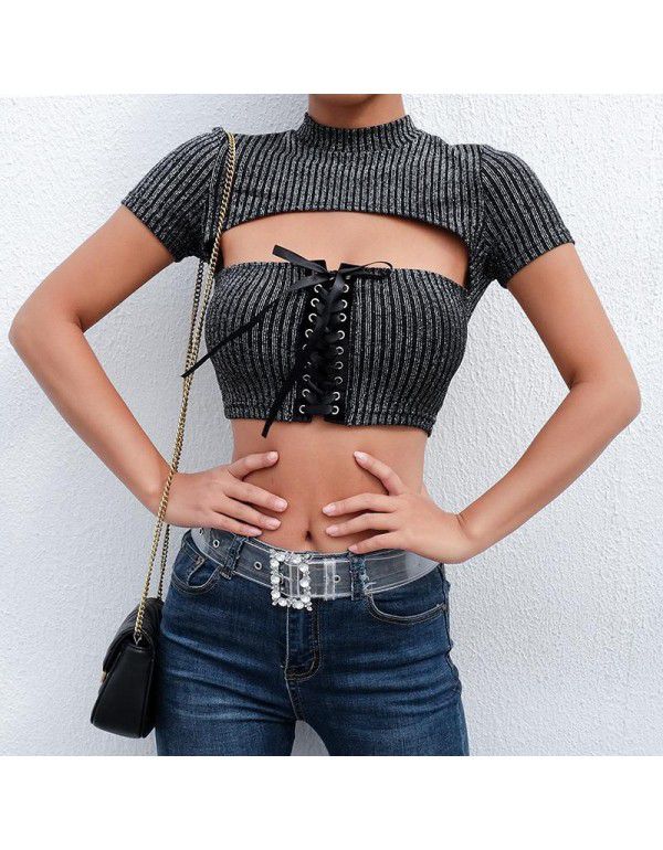 European and American Women's Fashion Summer New Sexy Hollow Lace Slim Fit Open Umbilical Bright Silk T-shirt Women