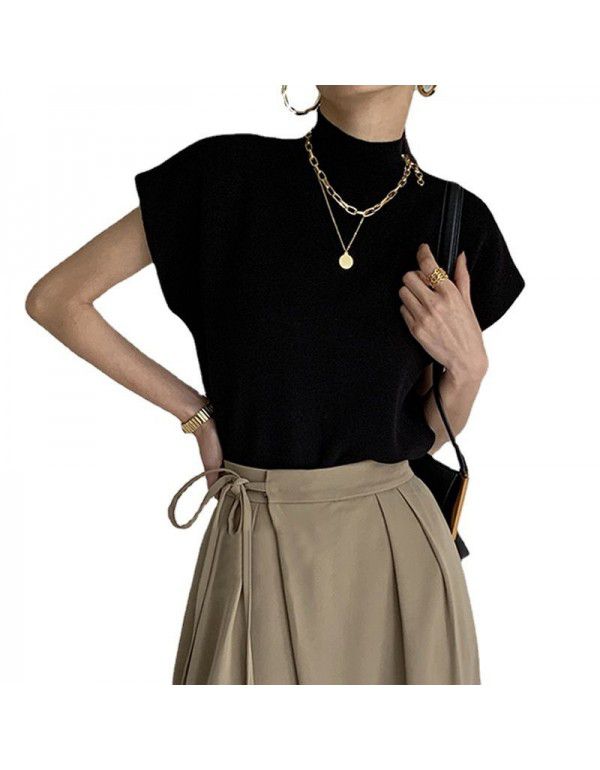 Korean version of the new half high neck camisole knitted vest T-shirt for women's simple loose short sleeve top summer