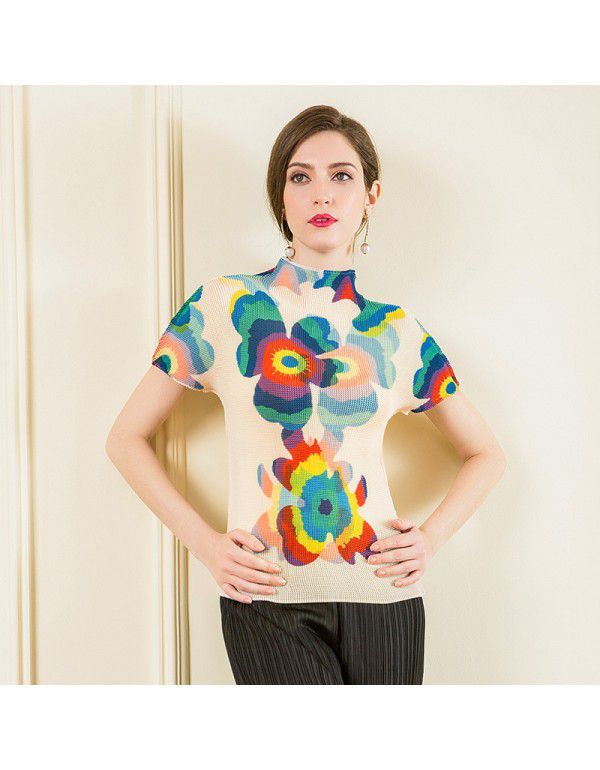 Three curtilage pleated top high neck T-shirt women's short sleeve summer new slimming and versatile bottom shirt for women's wear 
