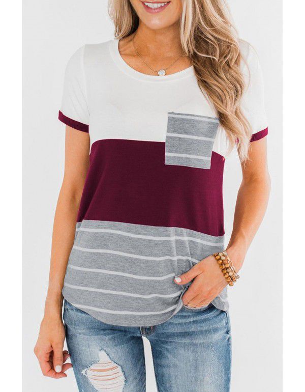 Spring and Summer New European and American Women's Top Popular Pocket Tri-color Panel Short Sleeve Stripe T-shirt Women