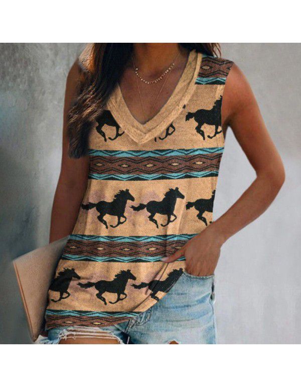 Summer New Vintage Ethnic Style European and American Women's Casual Sleeveless T-shirt
