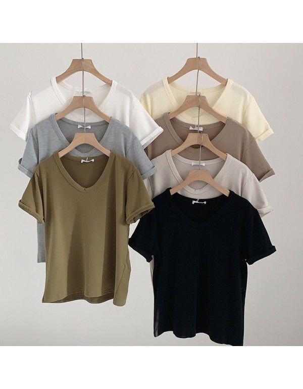 Spring New Style Korean Morandi Solid Color Versatile Short Sleeve T-shirt Women 
