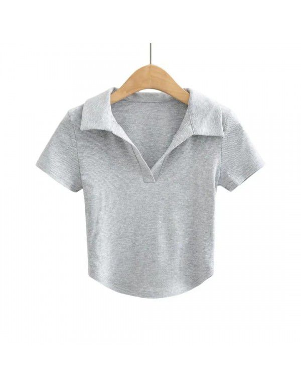 Summer new style pure sexy slim short polo lapel solid color short sleeve T-shirt female 
