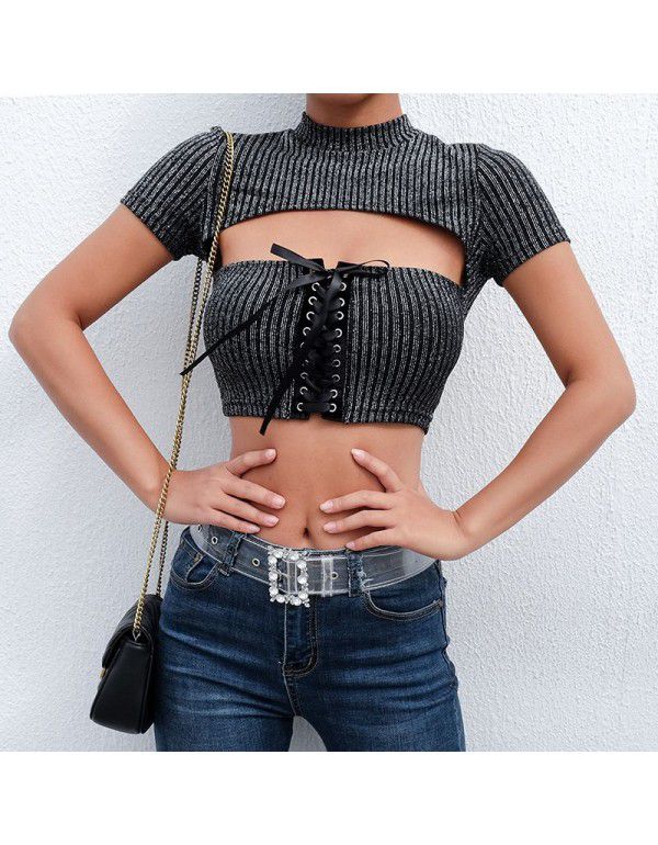 European and American Women's Fashion Summer New Sexy Hollow Lace Slim Fit Open Umbilical Bright Silk T-shirt Women