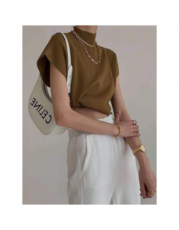 Korean version of the new half high neck camisole knitted vest T-shirt for women's simple loose short sleeve top summer