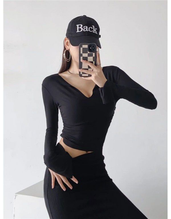 Pure desire V-neck flanging flared sleeve T-shirt for female minority Spicy girls pleated slim high waist short solid color bottom top 